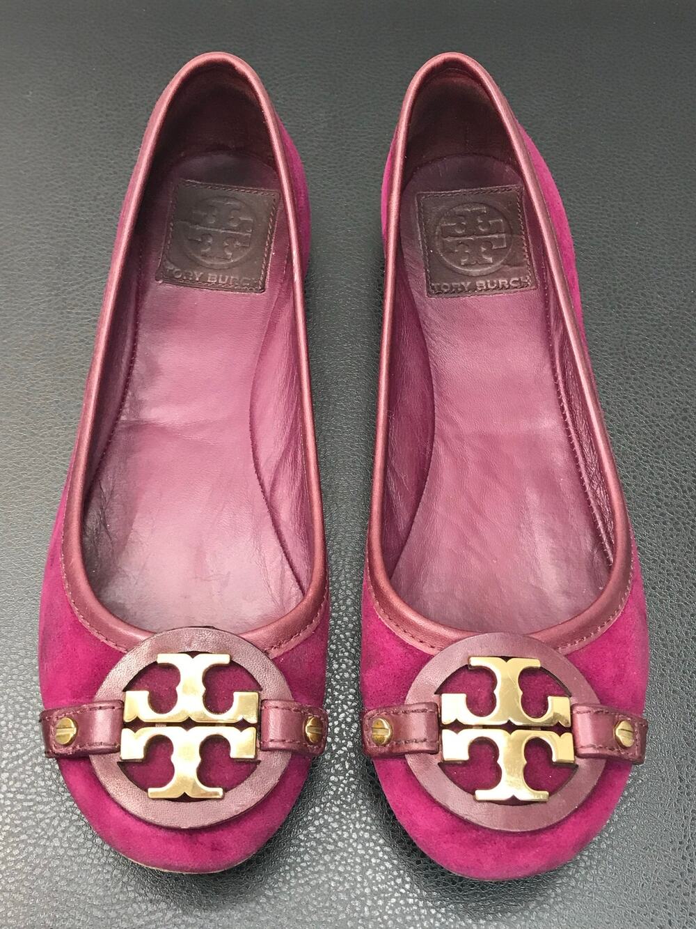 Tory Burch Reva Ballet Flat Fuchsia Pink Purple Gold Suede Leather 6.5